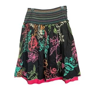 Per Una Black Cotton Colorful Embroidered Drop Waist Lined Full Skirt Size 8R